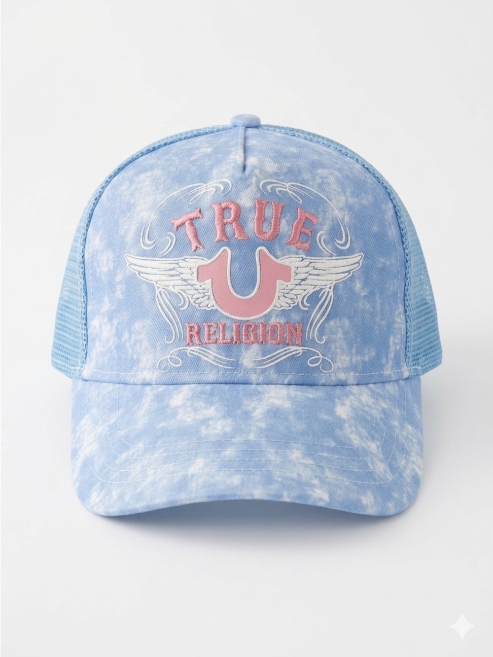 True Religion Blue Tie-Dye Trucker Hat with Pink Logo